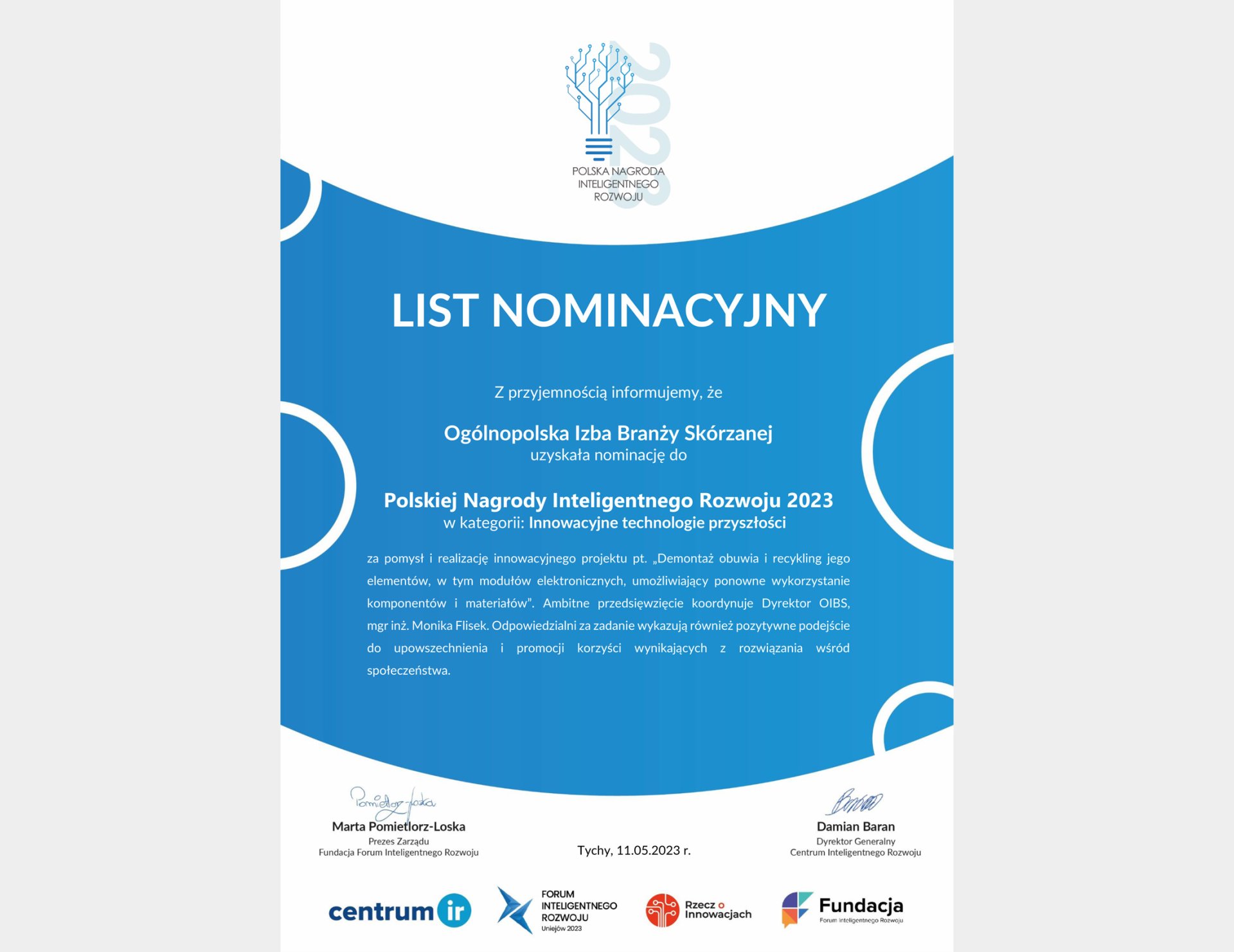 Nominacja OIBS do Polskiej nagrody Inteligentnego Rozwoju 2023